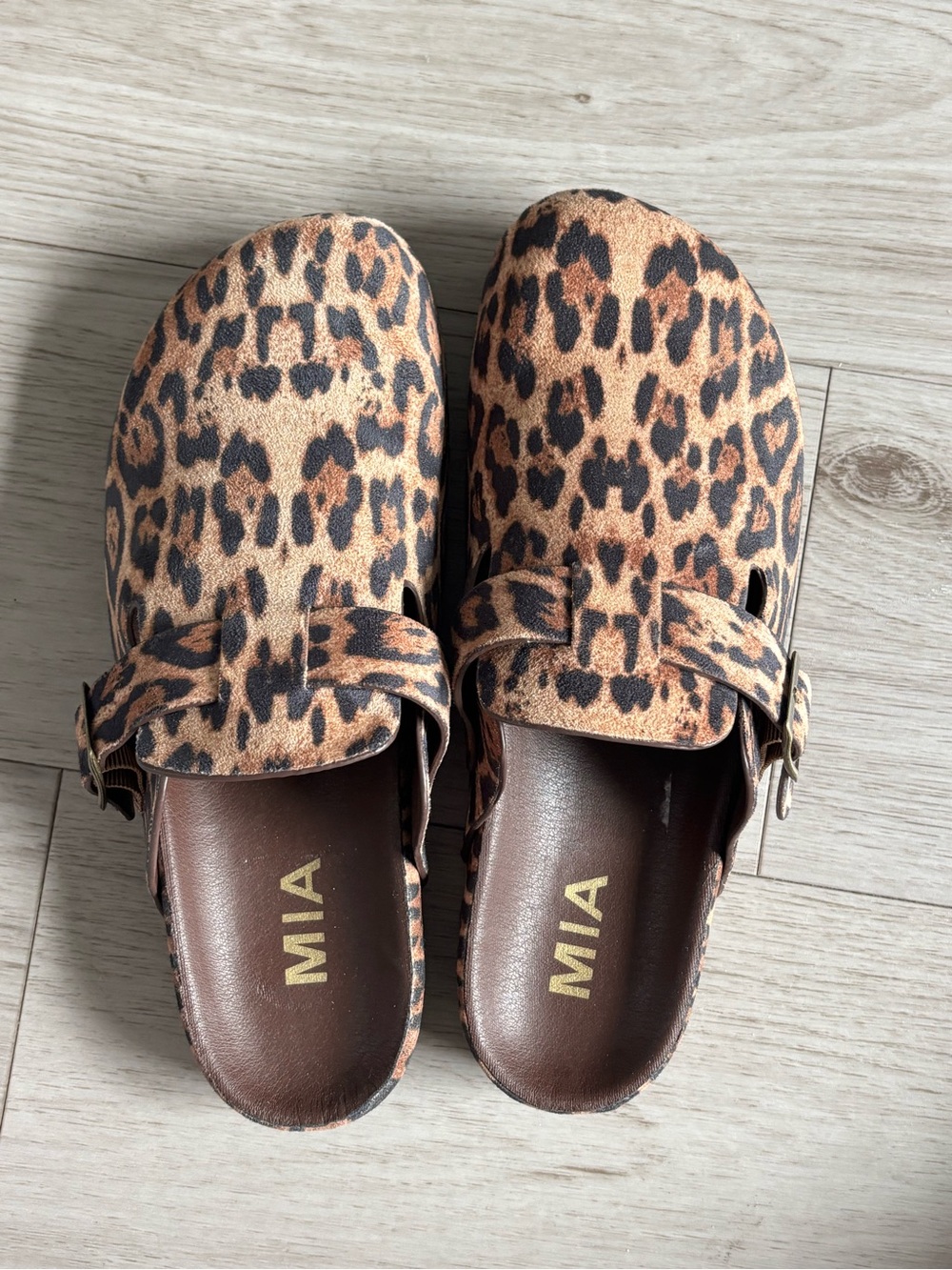 MIA Leopard-Print Buckle Clogs in Brown and Black